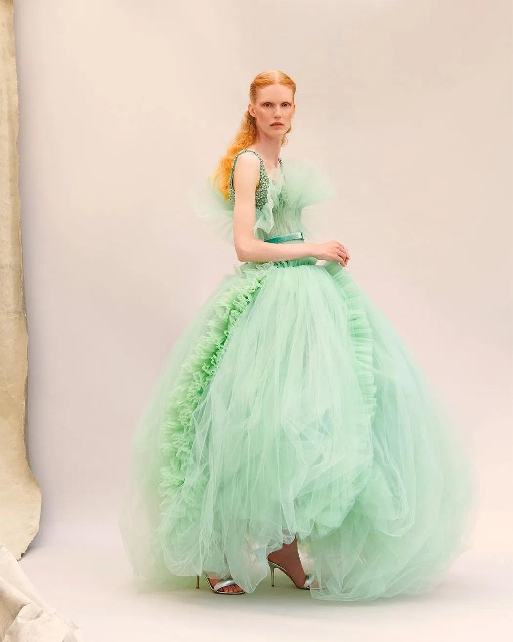 Pretty Mint Green Tulle Beaded Prom Gown