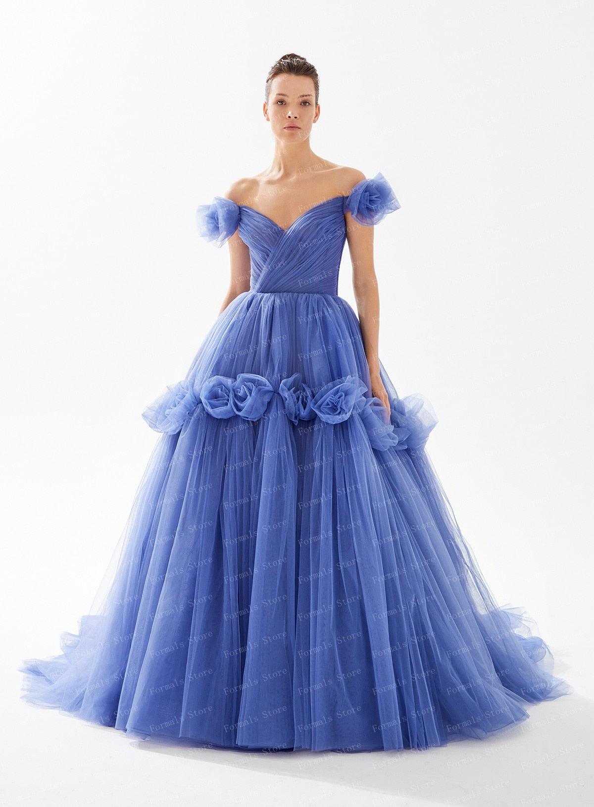 Off Shoulder Backless Floral A-line Prom Dresses