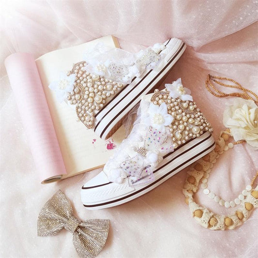Hand-made Bowknot Pearl Flower Wedding Party Sneakers - HER SHOP®