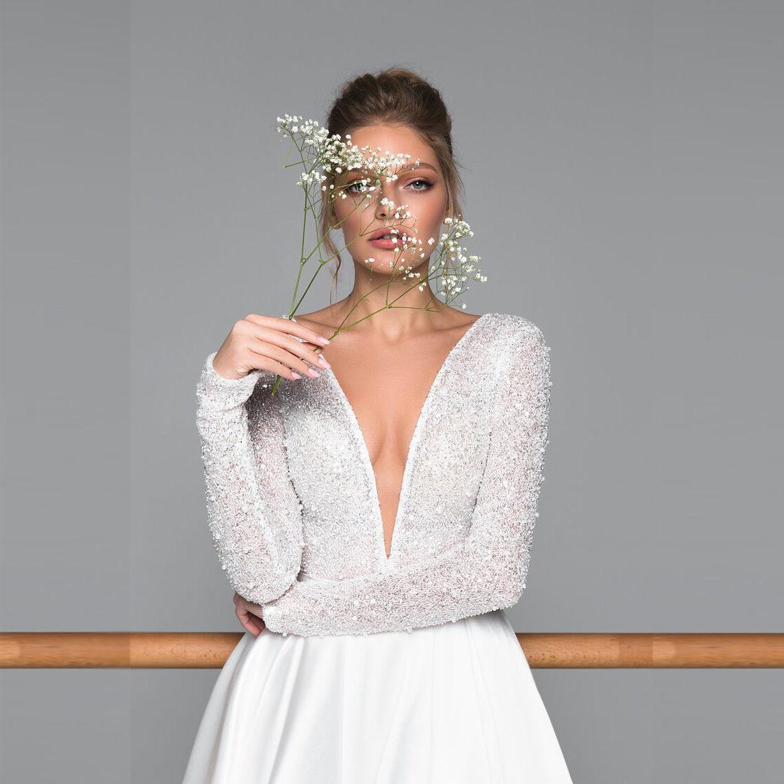 Luxury Long Sleeve Satin Wedding Dress