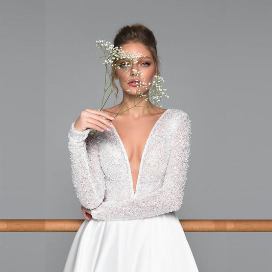 Luxury Long Sleeve Satin Wedding Dress - HER SHOP