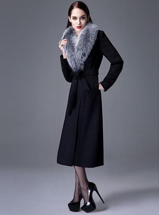 Woman Autumn Winter Wool Coat with Real Fox Fur - HER SHOP