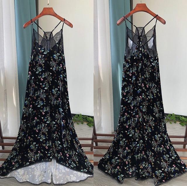 Exquisite Velvet Irregular Sleeveless V-neck Spring and Summer Floral Print Sling Dress