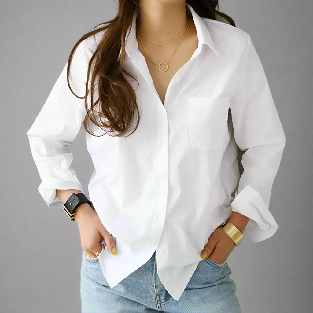 Women's White Long Sleeve Blouse – Feminine Loose Fit Shirt with Turn-Down Collar, Casual Office Style