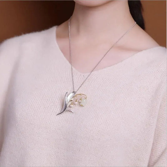 Dual-Use Natural Jade and Pearl Lily of the Valley Brooch/Pendant - HER SHOP®