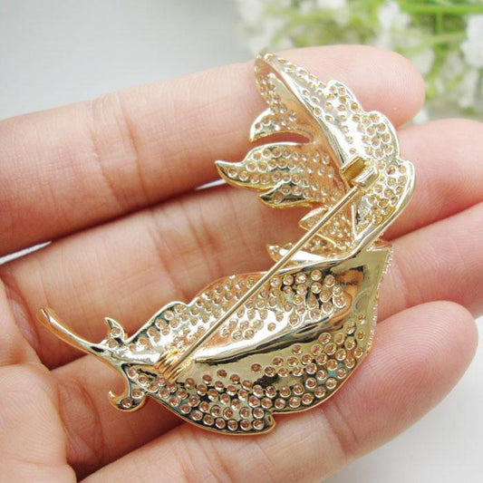 Clear Zircon Crystal Leaf Gold-Tone Brooch for Women - HER SHOP