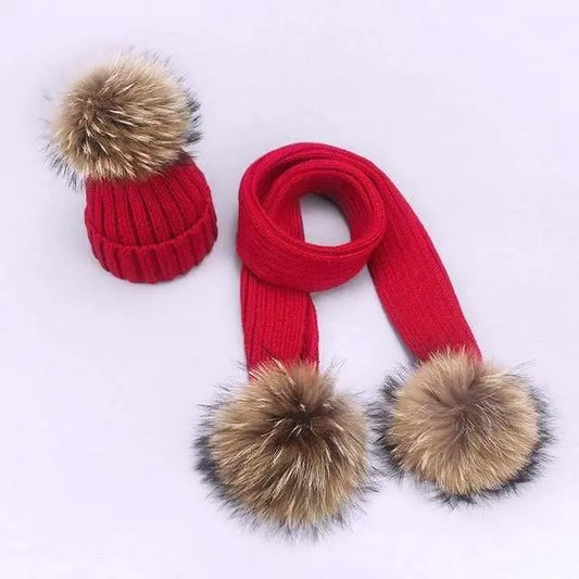 Women and Kids Winter Hat and Scarf With Real Fur Pompom - HER SHOP®