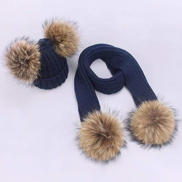 Women and Kids Winter Hat and Scarf With Real Fur Pompom