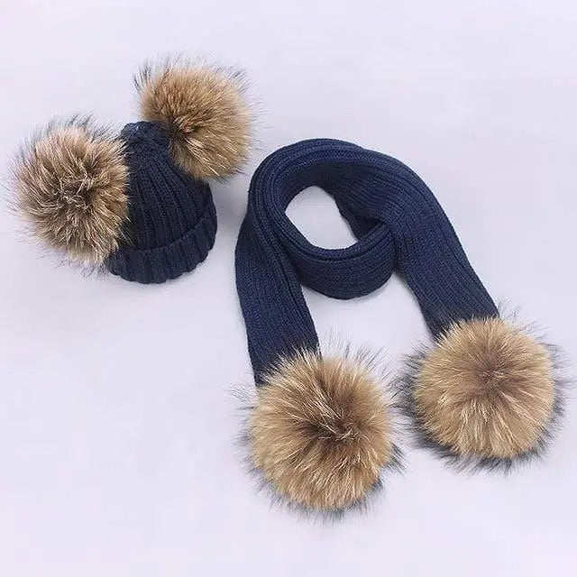 Women and Kids Winter Hat and Scarf With Real Fur Pompom