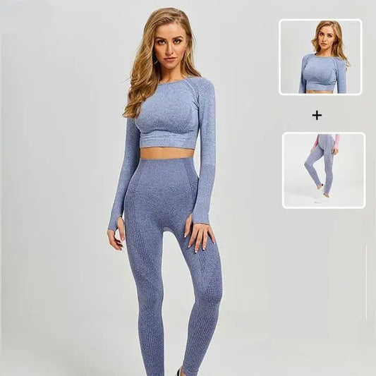 Hot Sale Women Gym/Yoga Suit - Women’s long-sleeve cotton-blend yoga top in solid color, breathable activewear for fitness. - HER SHOP®