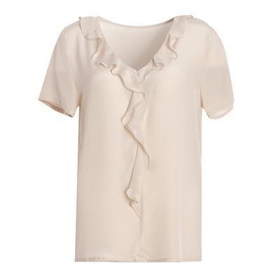 Her Shop Blouse Light Beige / XL 100% REAL SILK Crepe Short Sleeved Ruffled Collar Blouse