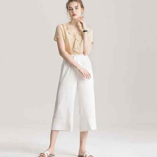 100% REAL SILK Crepe Short Sleeved Ruffled Collar Blouse - HER SHOP®