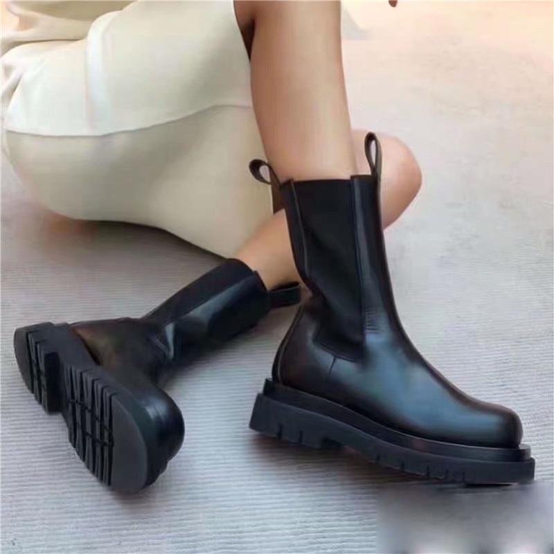 Genuine Leather Chelsea Boots Platform Ankle Boots Flat Botas Ladies Booties