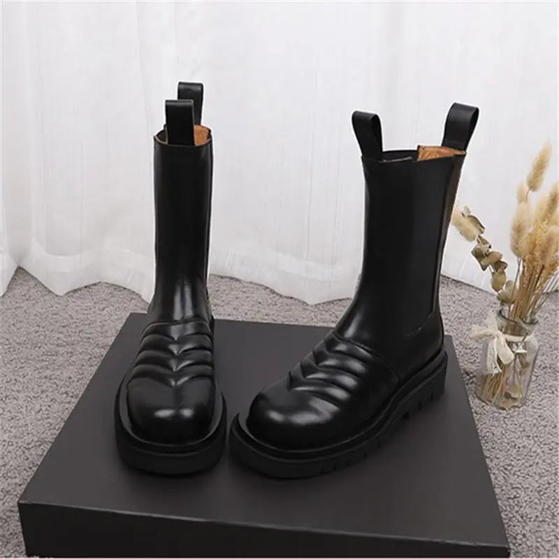 Genuine Leather Chelsea Boots Platform Ankle Boots Flat Botas Ladies Booties