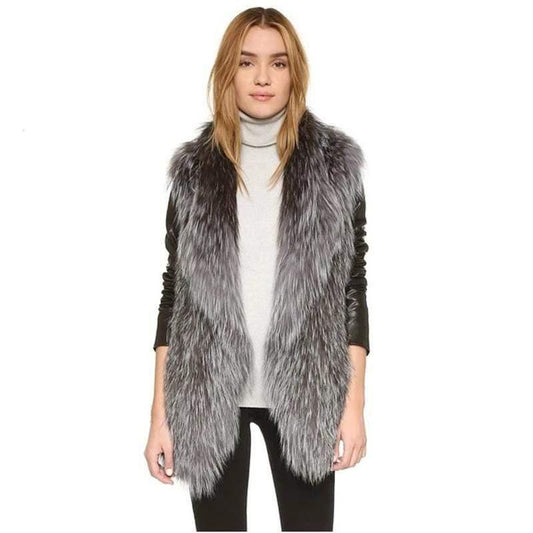Real Knit Silver Fox Fur Vest With Collar - HER SHOP