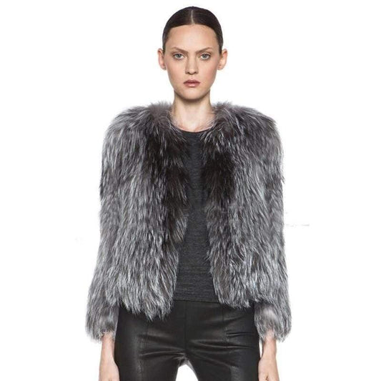 Real Natural Fox Fur Knitted Silver Fox Fur Coat - HER SHOP