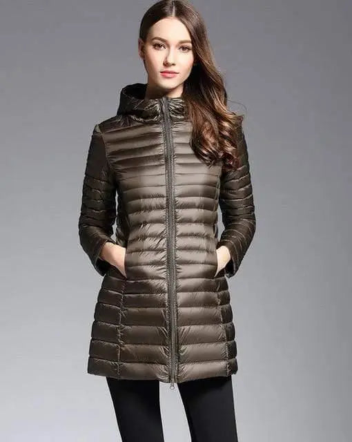 Woman Padded Hooded White Duck Down Long Jacket