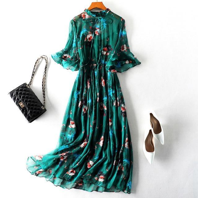 100% Real Silk Women Vintage Summer Dress Green / L 100% Real Silk Women Vintage Summer Dress Green / L