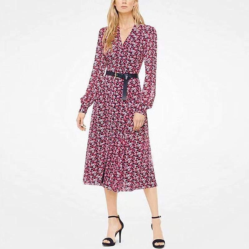 Autumn V-neck Vintage Floral Print Midi Dress - HER SHOP