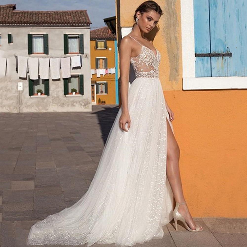 boho beaded dress Unique Scoop Beads Sheath/Column Boho Wedding Dress with Slit Bridal Gown QW2334 US16 / As Picture