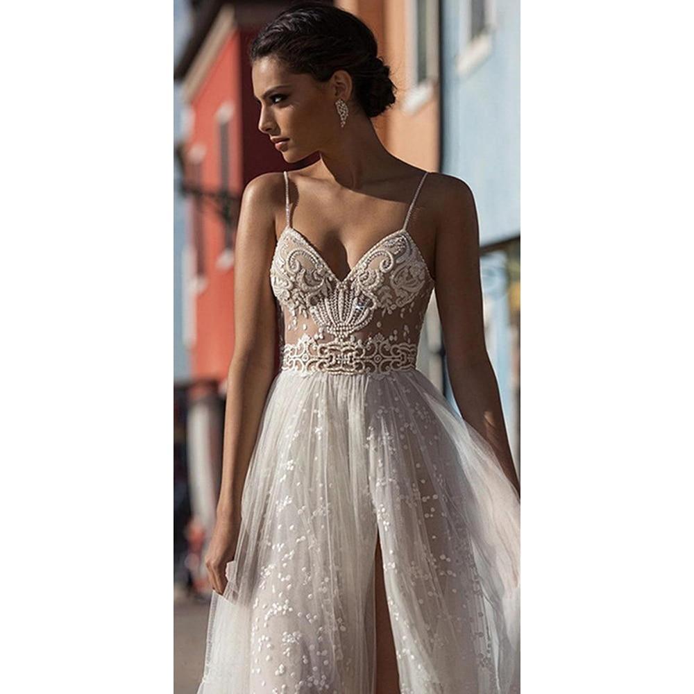 HER SHOP Dress Customized Color / 2 Boho Beading Lace Beach Wedding Dress