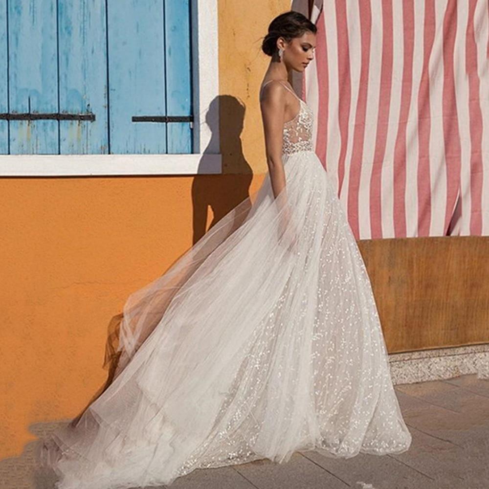 HER SHOP Dress Boho Beading Lace Beach Wedding Dress