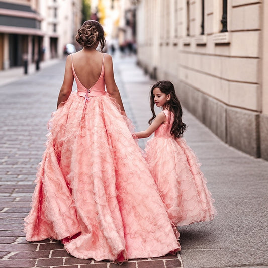 Her Shop Dress Coral Pink Tiered Ruffles Ball Mother Daughter Gown - HER SHOP®