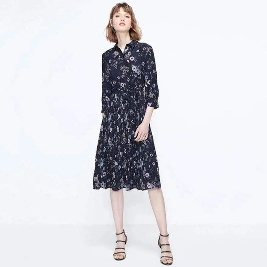 Floral Pleated A-lined Cinched Waist Chiffon Dress - HER SHOP®