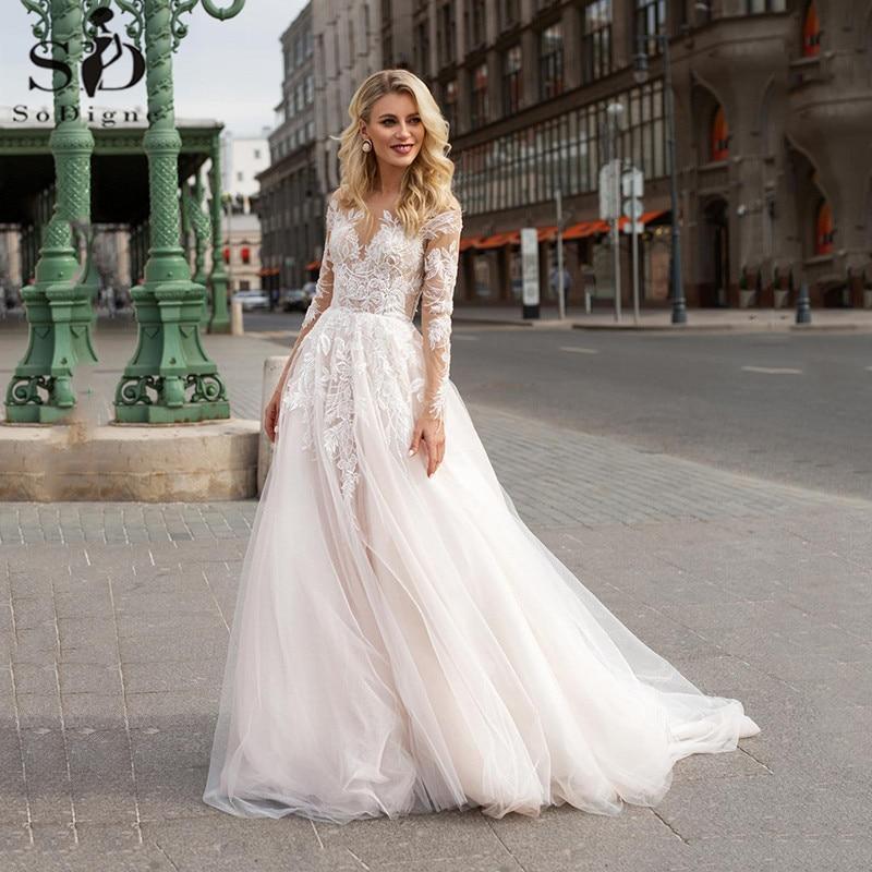 HER SHOP Dress Long Sleeve Boho V neck Ivory Lace Appliques Beach Wedding Dresse