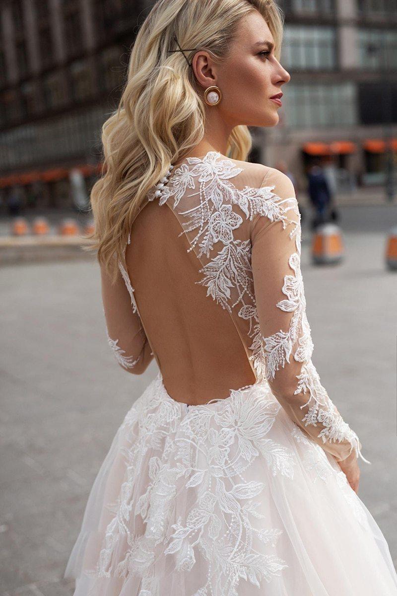 HER SHOP Dress Long Sleeve Boho V neck Ivory Lace Appliques Beach Wedding Dresse