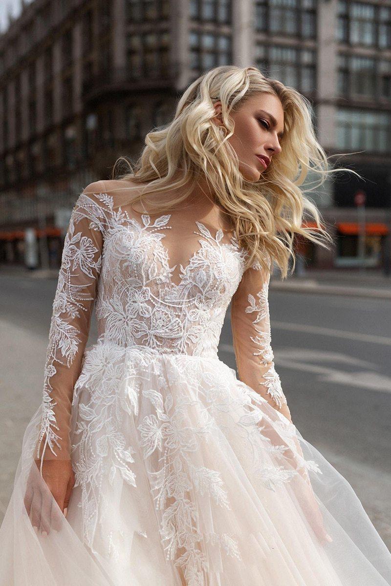 HER SHOP Dress Long Sleeve Boho V neck Ivory Lace Appliques Beach Wedding Dresse