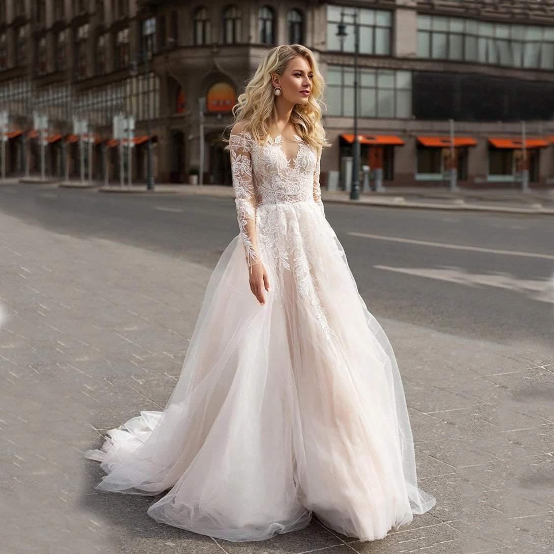 HER SHOP Dress Picture color / 8 Long Sleeve Boho V neck Ivory Lace Appliques Beach Wedding Dresse