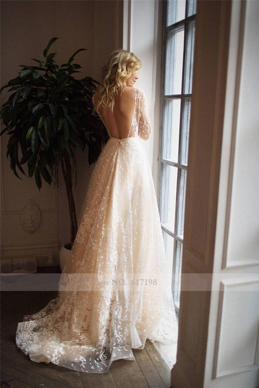 HER SHOP Dress Long Sleeves Open Back Champagne Wedding Dress - HER SHOP