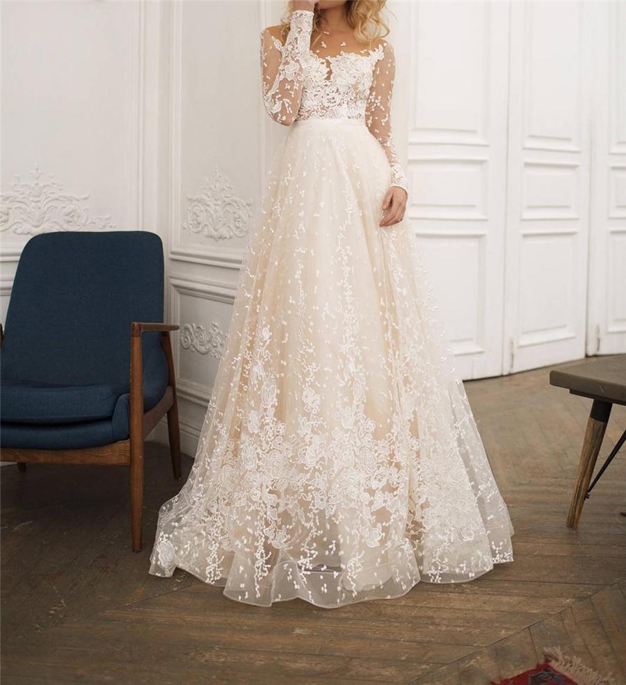 HER SHOP Dress Long Sleeves Open Back Champagne Wedding Dress