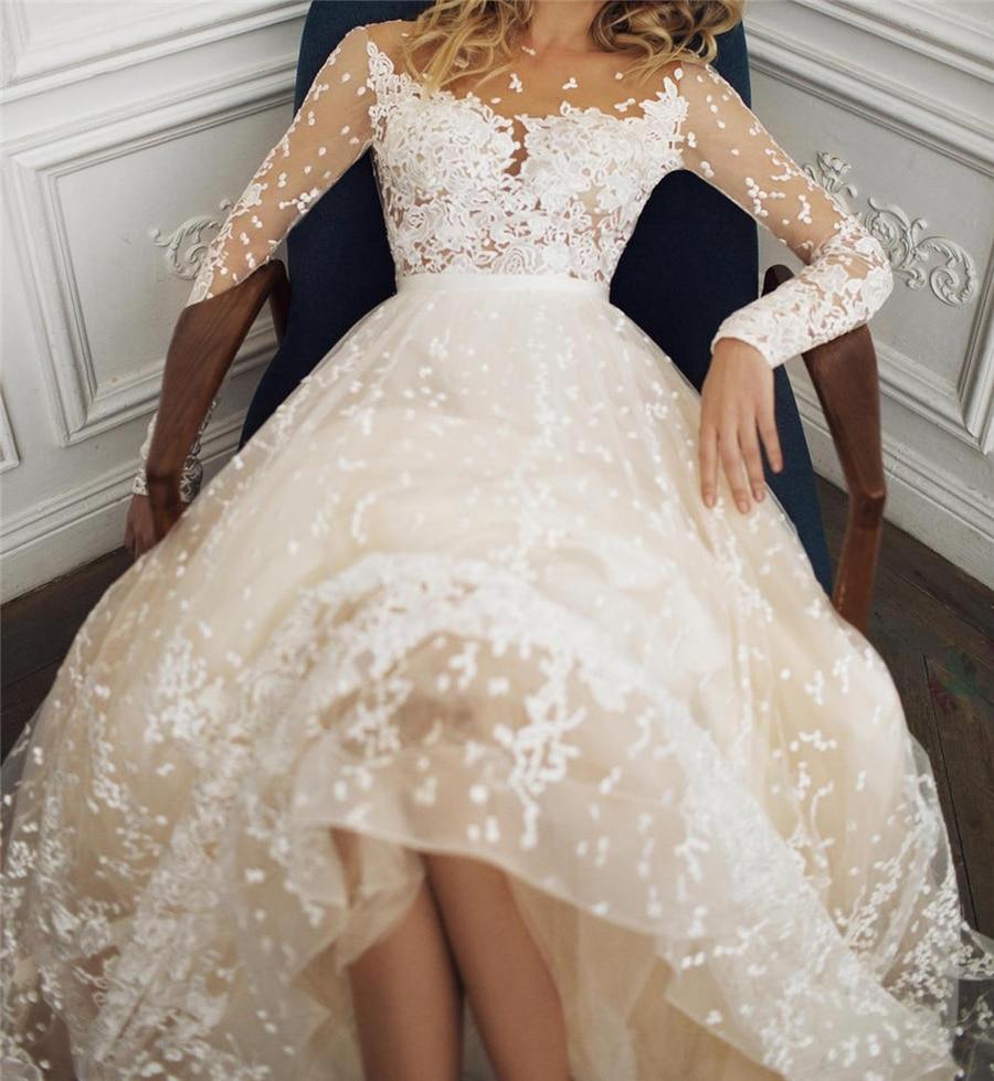 HER SHOP Dress Long Sleeves Open Back Champagne Wedding Dress