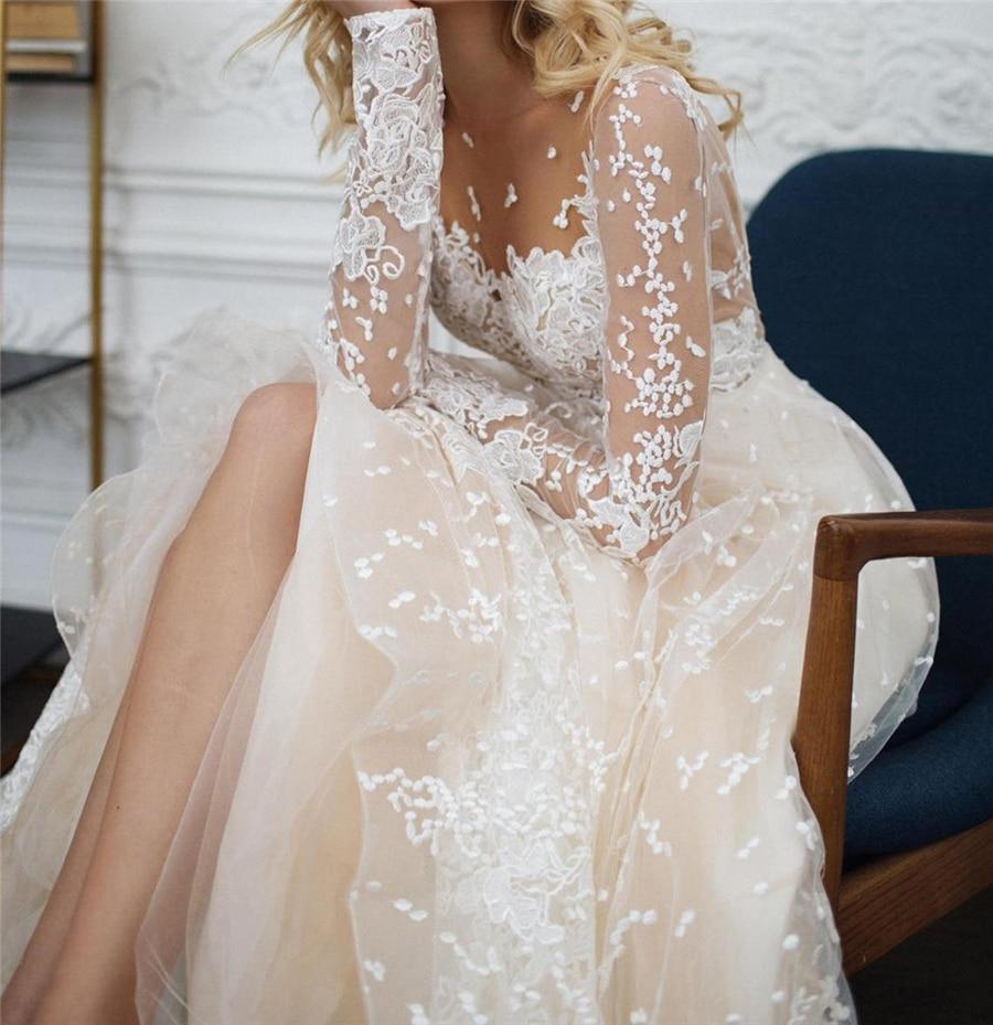 HER SHOP Dress Long Sleeves Open Back Champagne Wedding Dress