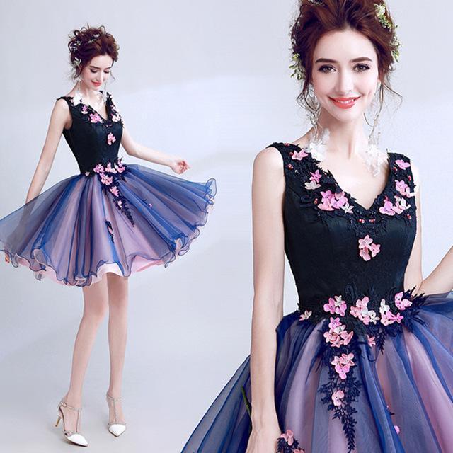 Luxury Elegant Famous Appliques Flowers Evening Party Dress (Short)