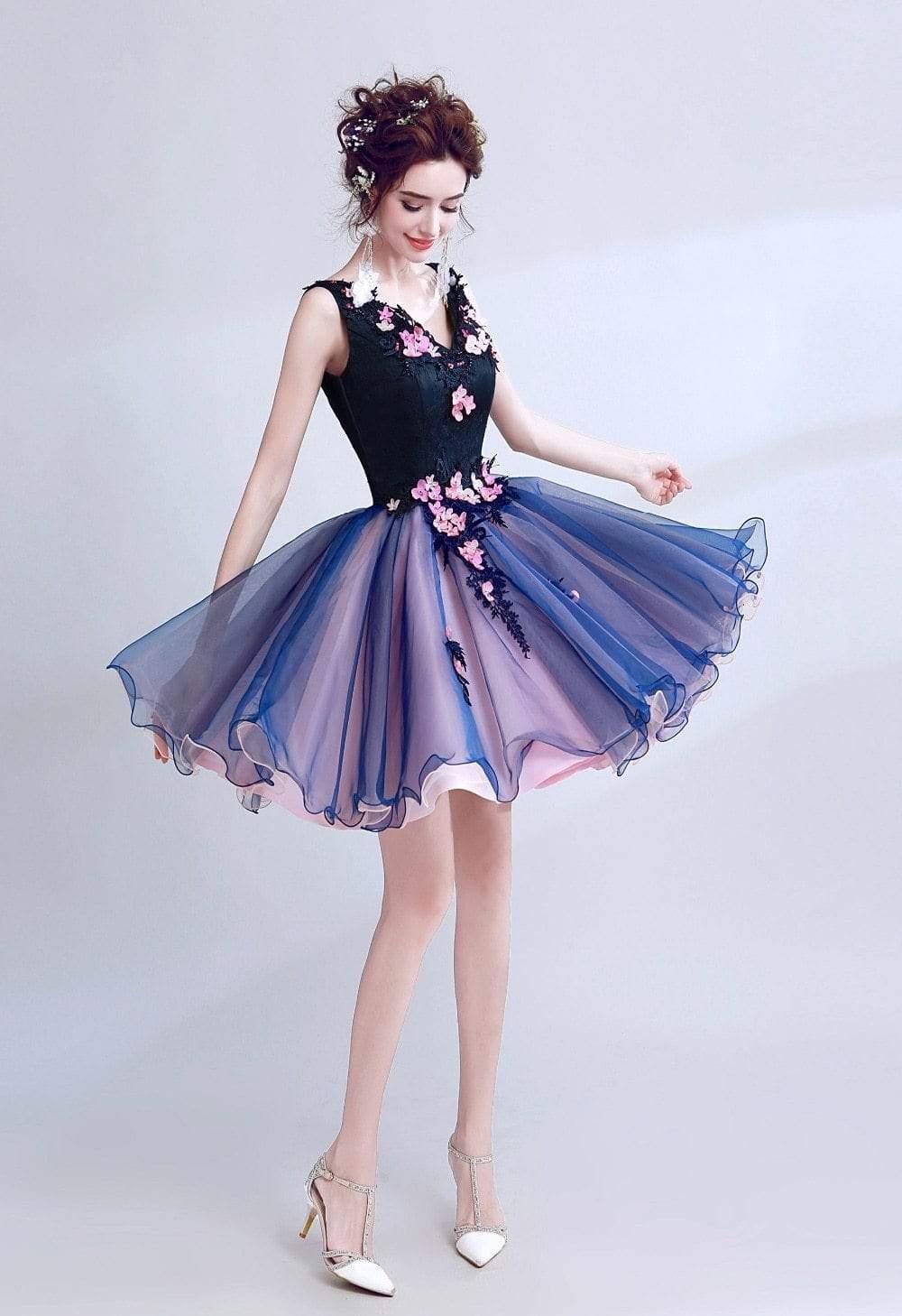 Luxury Elegant Famous Appliques Flowers Evening Party Dress (Short)