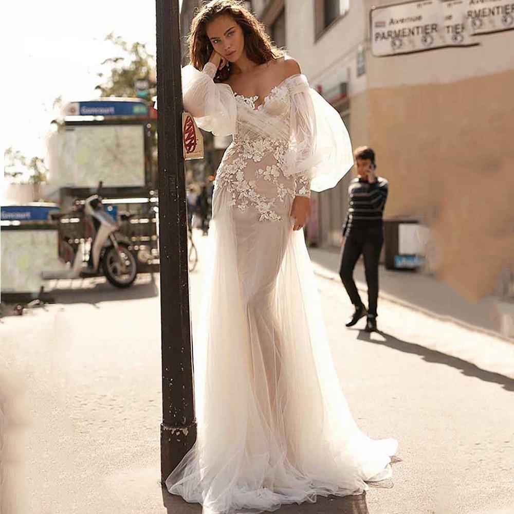 HER SHOP Dress Mermaid Scoop Boho Off The Shoulder Long Puff Sleeve Wedding Dress