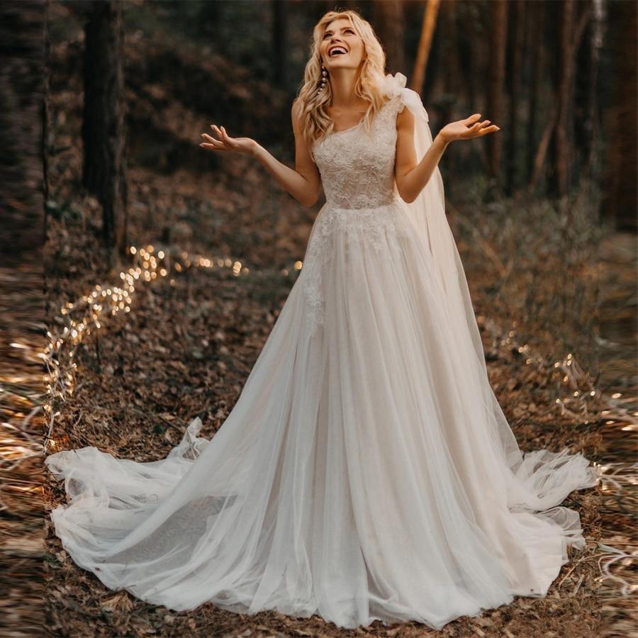 HER SHOP Dress One Shoulder Pleated Beading Applique Lace Wedding Dress