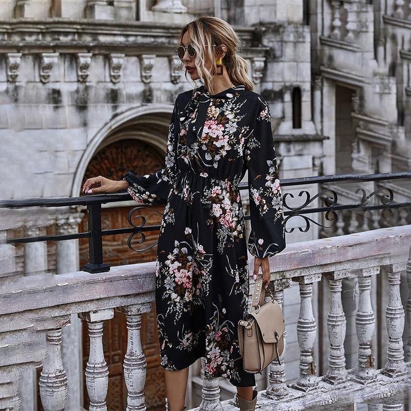 Her Shop Dress Puff Sleeve Autumn Winter Floral Dress