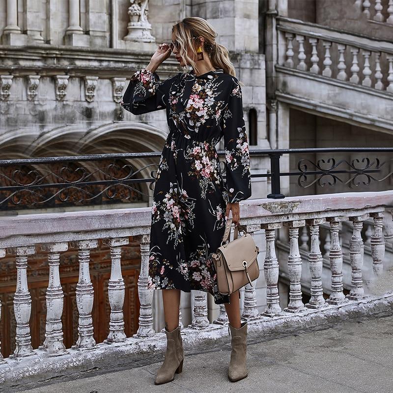 Her Shop Dress Puff Sleeve Autumn Winter Floral Dress