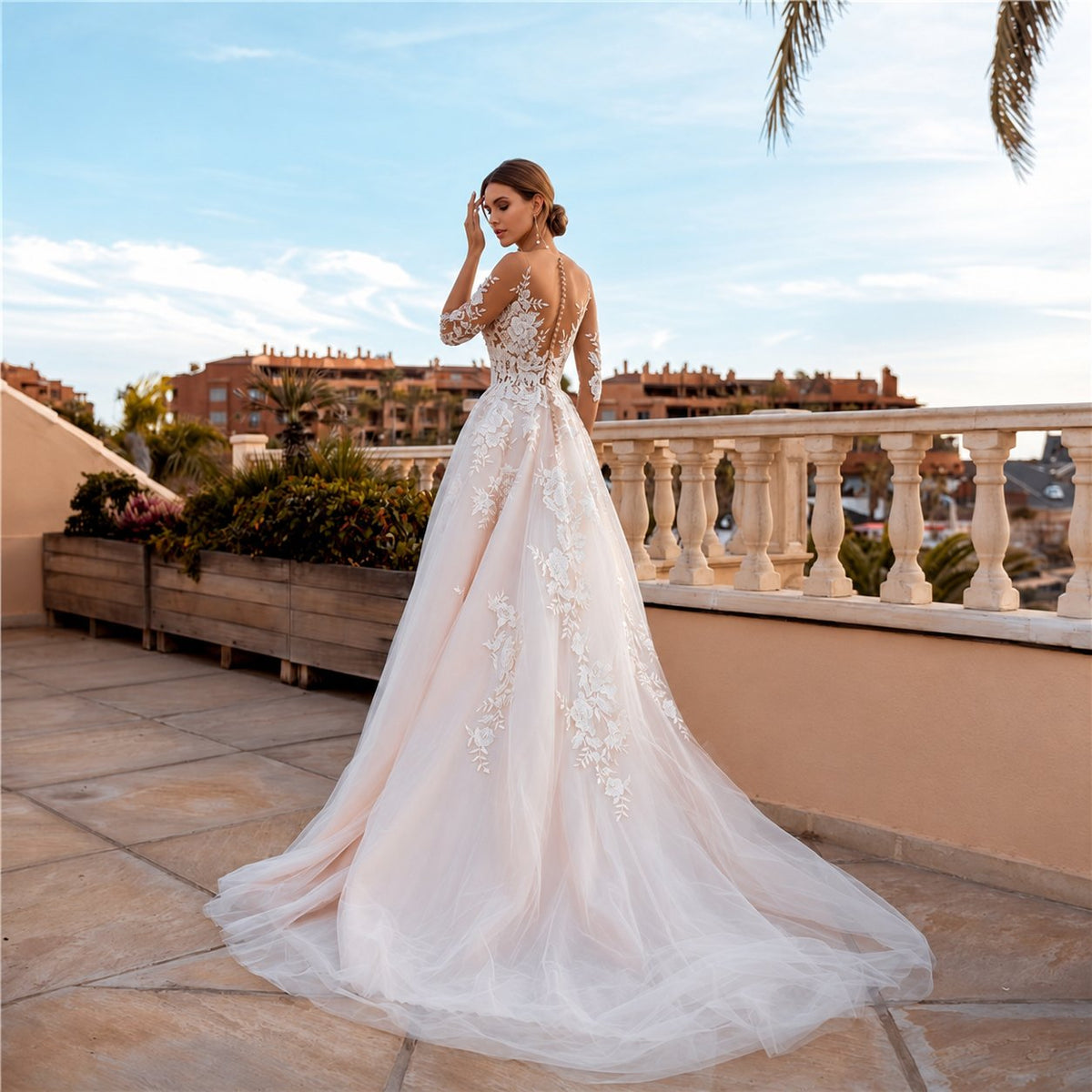 Sheer 3/4 Sleeves Floral Applique Blush Wedding Dress