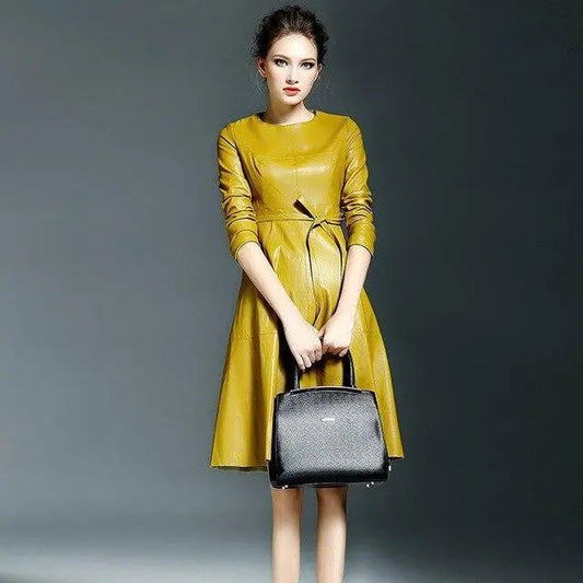 Women High Quality Faux Leather Office Lady A-line Dresses - HER SHOP®