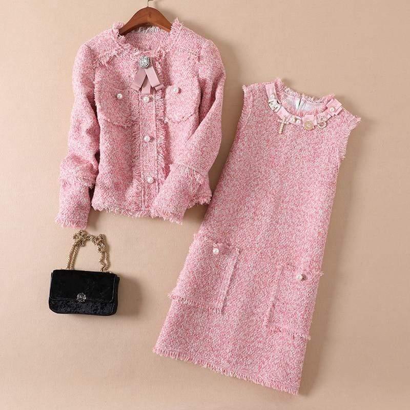 Her Shop Dress Women Loose Diamonds Dress 2019 Vestidos De Festa Tweed Vest Pink Beading Office Women Dress N8089
