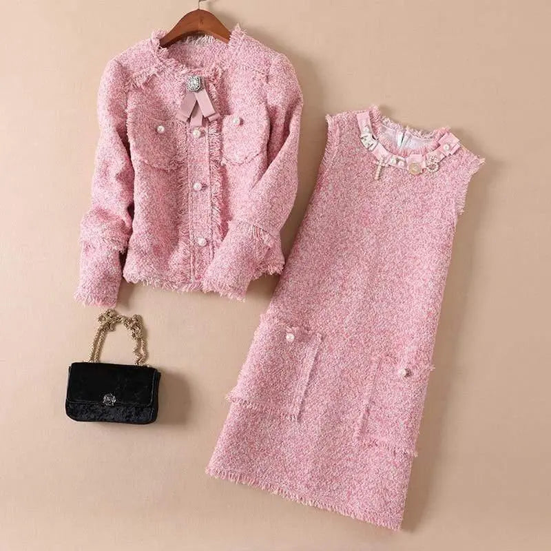 Her Shop Dress Women Loose Diamonds Dress 2019 Vestidos De Festa Tweed Vest Pink Beading Office Women Dress N8089