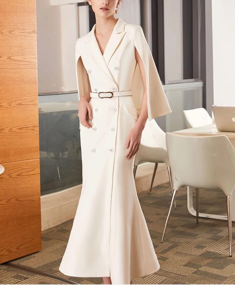 Her Shop Dresses Double Breasted Sleeveless White Ankle-Length Office Lady Dress