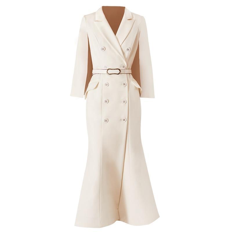 Double Breasted Sleeveless White Ankle-Length Office Lady Dress