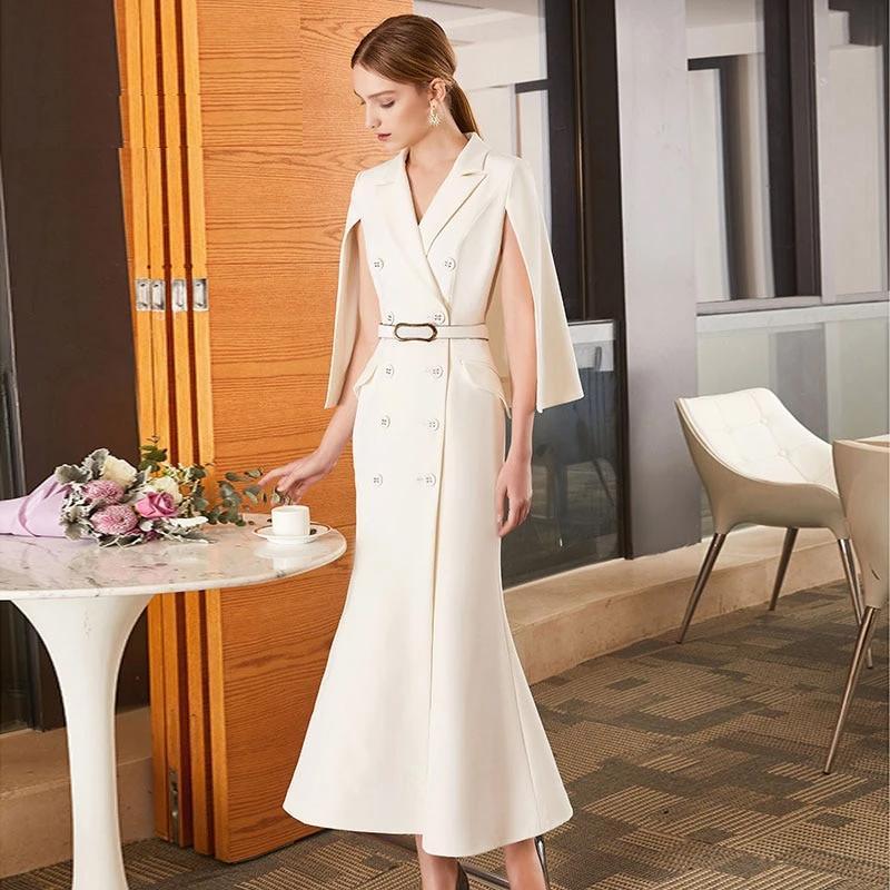 Double Breasted Sleeveless White Ankle-Length Office Lady Dress - HER SHOP