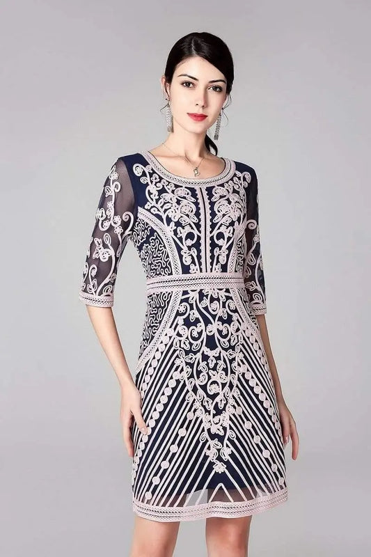 Fashion Party Cocktail O-Neck Allover Appliques Embroidery Dress - HER SHOP®